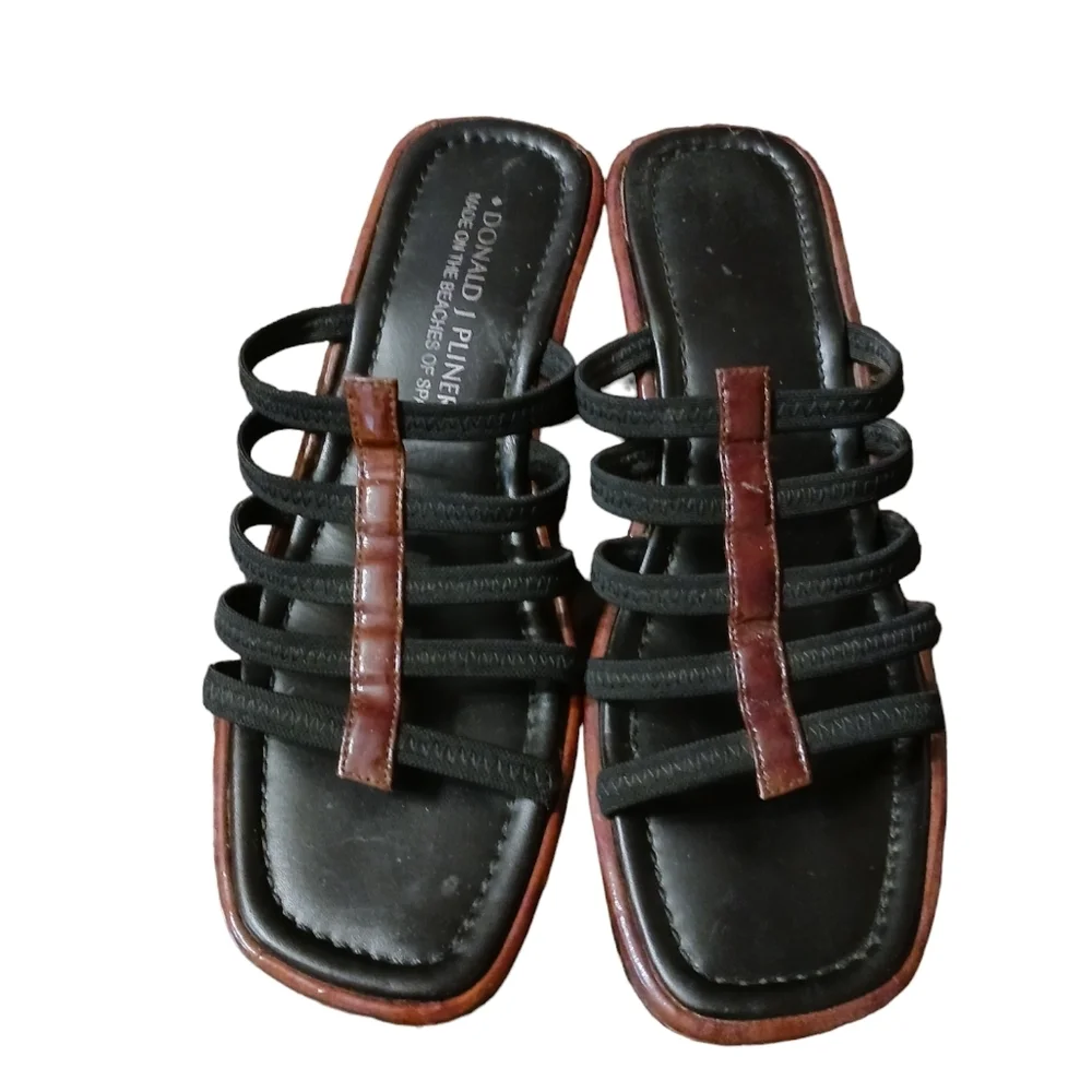 Donald J. Pliner Black and Brown Strappy Wedge Sandals